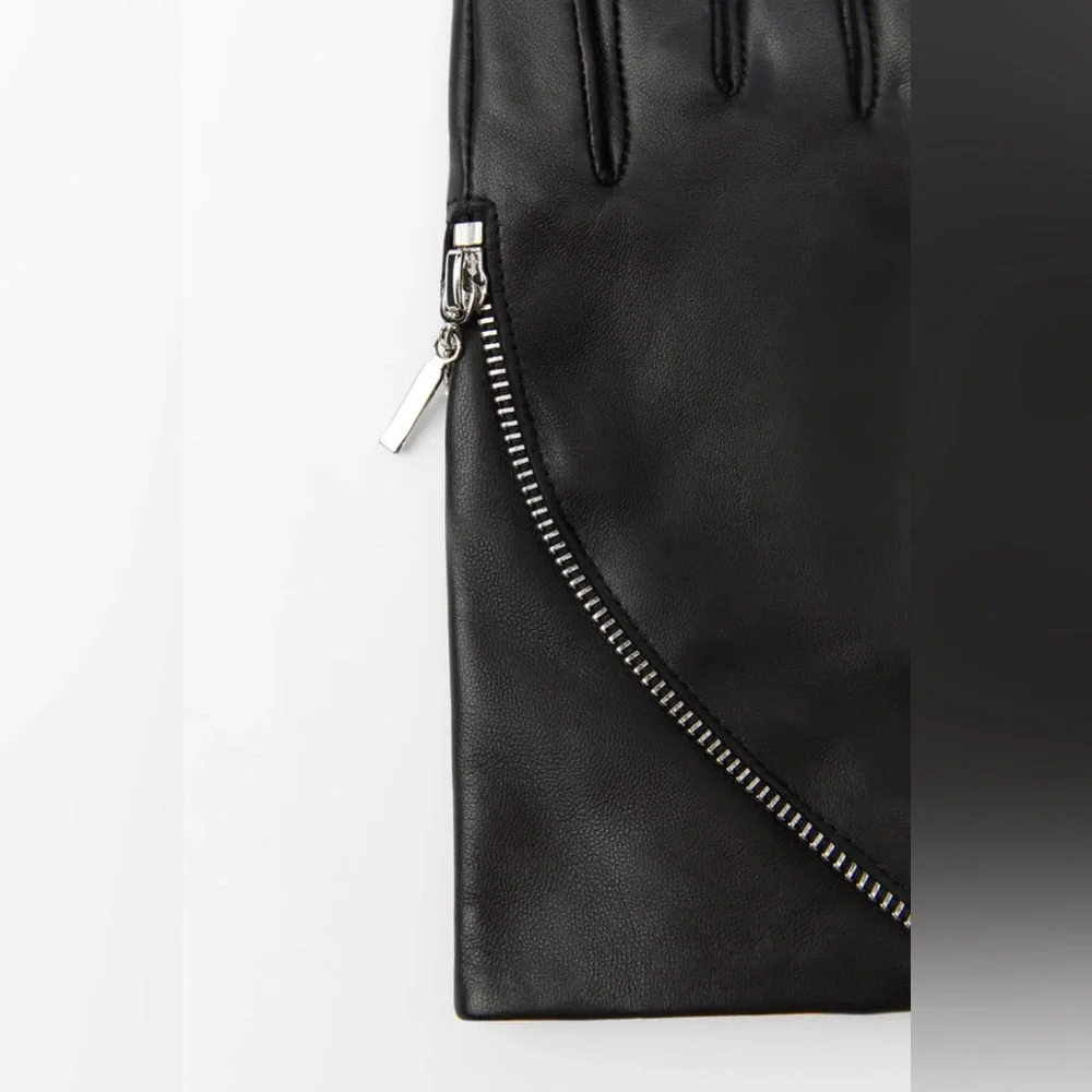 Zara Black Leather Gloves with Silver Zipper Detail